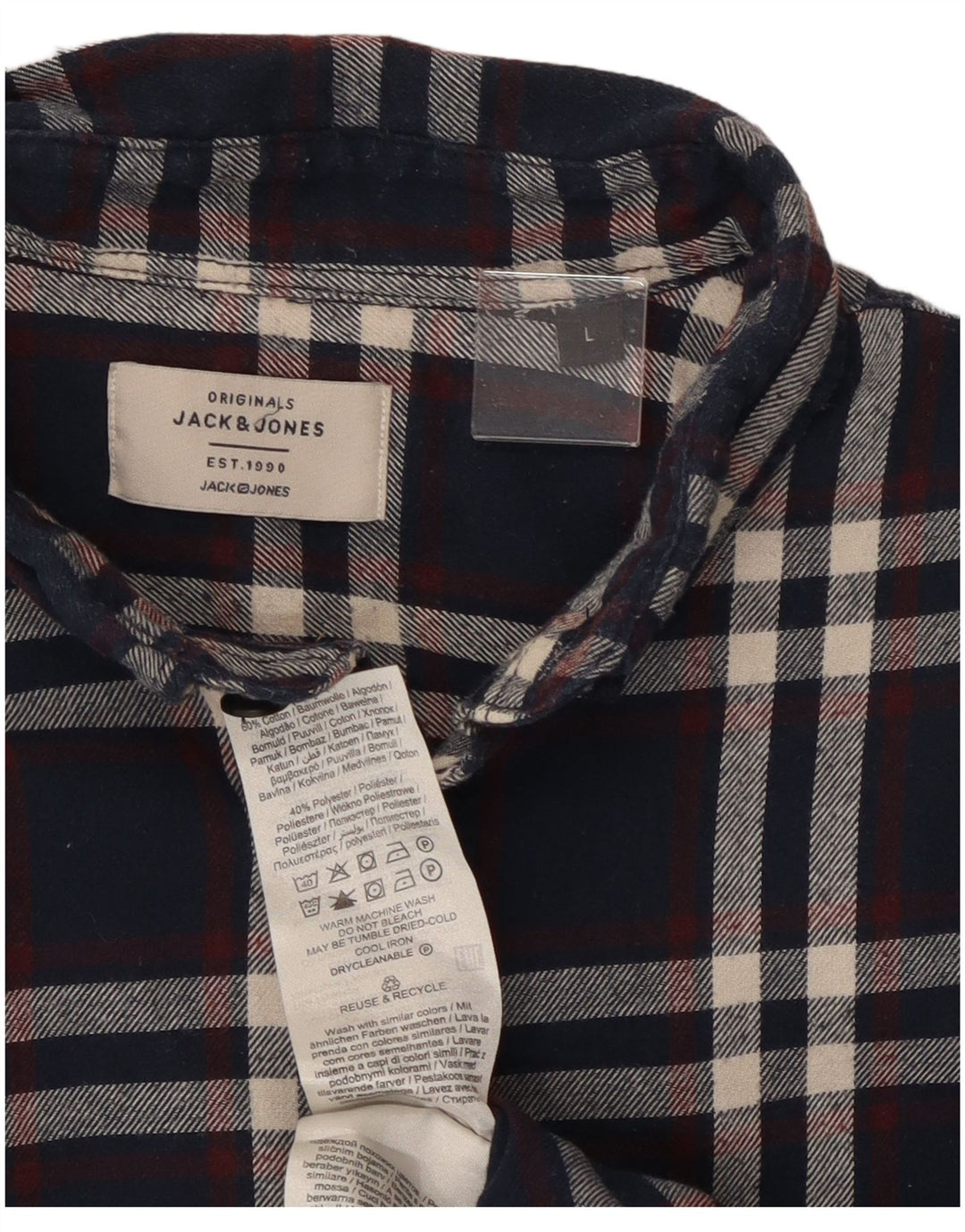 JACK & JONES Camisa de franela para hombre Large Navy Blue Check Cotton