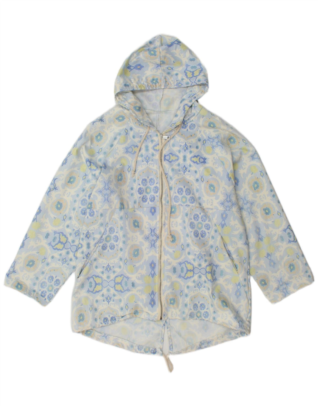 VINTAGE Chaqueta Parka con capucha para mujer Reino Unido 16 Algodón floral azul grande