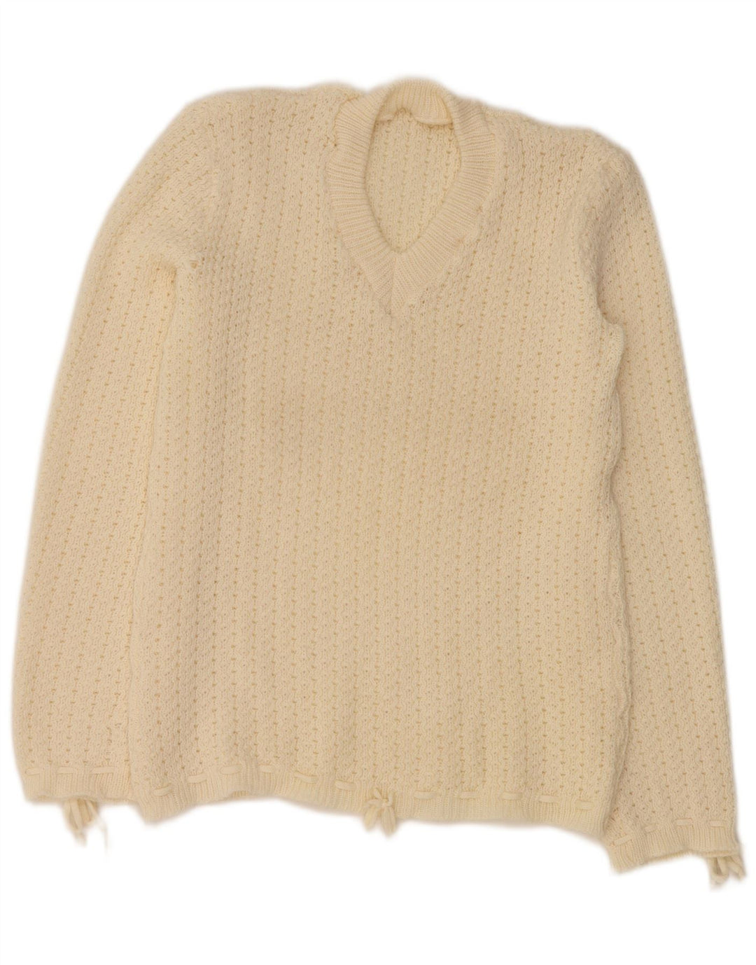 VINTAGE Mujer V-Cuello Jumper Suéter Reino Unido 12 Medio Blanco Apagado
