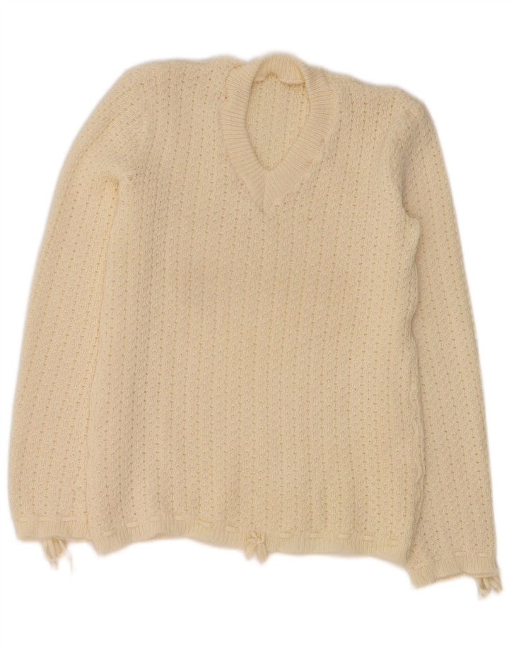 VINTAGE Mujer V-Cuello Jumper Suéter Reino Unido 12 Medio Blanco Apagado