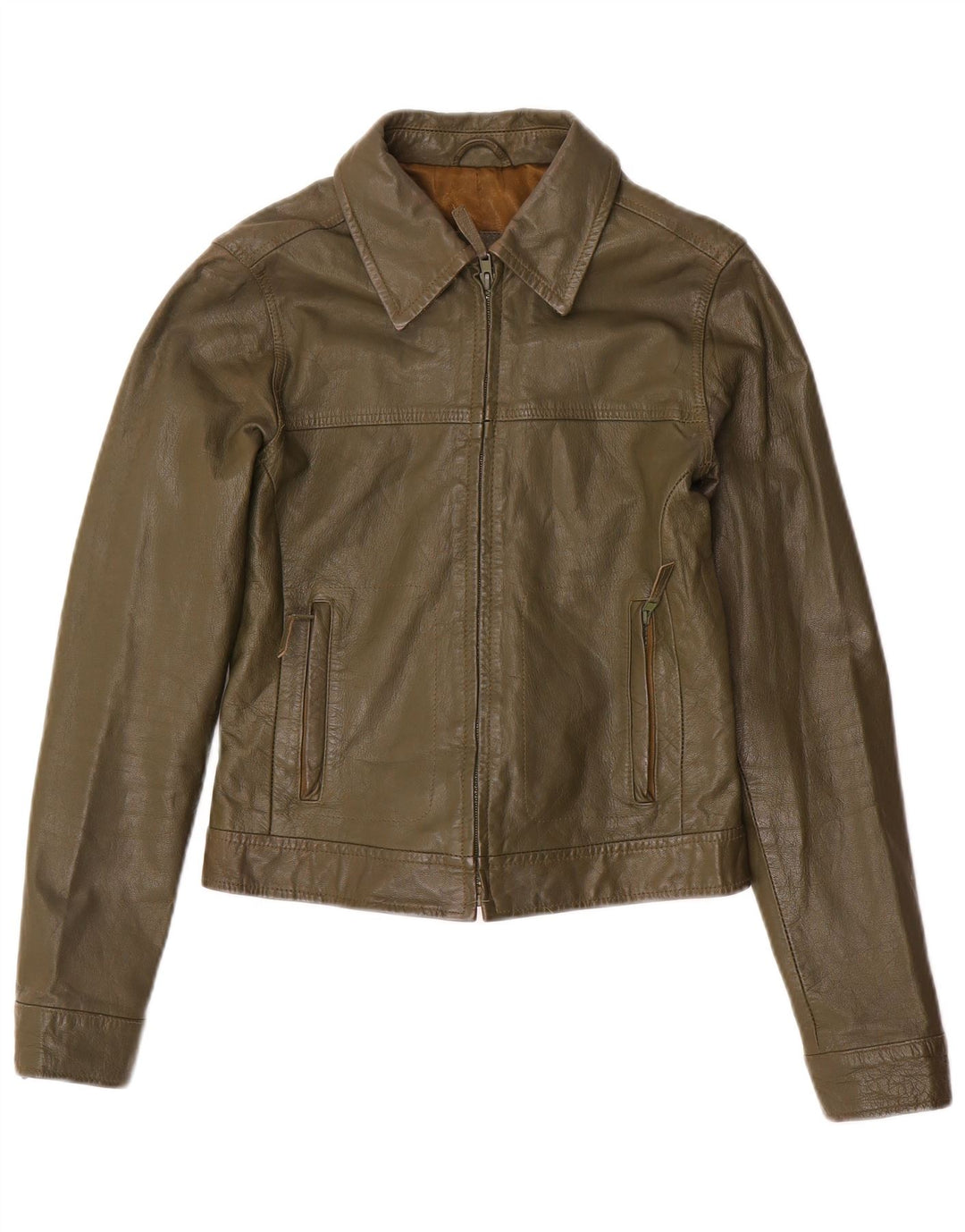 Zara Mujer Trafaluc Crop Chaqueta De Cuero UK 12 Medium Khaki Leather