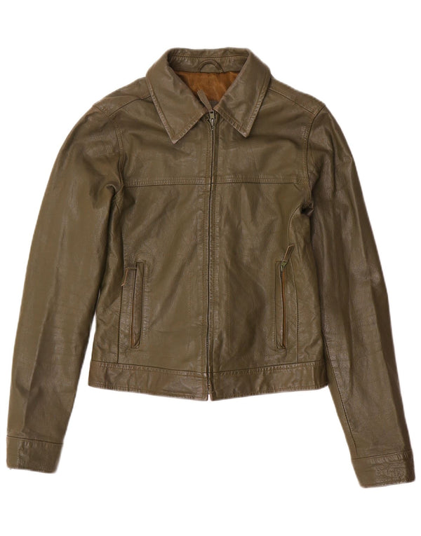 Zara Mujer Trafaluc Crop Chaqueta De Cuero UK 12 Medium Khaki Leather