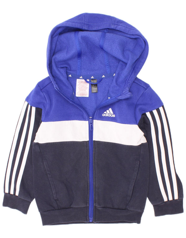 Adidas - Sudadera con capucha y cremallera para niños, 3-4 años, algodón azul marino con bloques de color