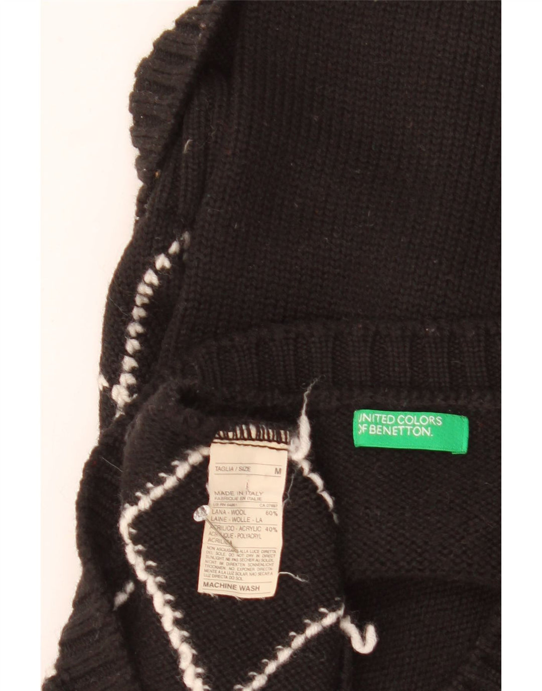 Benetton Jersey Con Cuello En V Para Mujer UK 42 Mediano Negro Argyle/Diamond