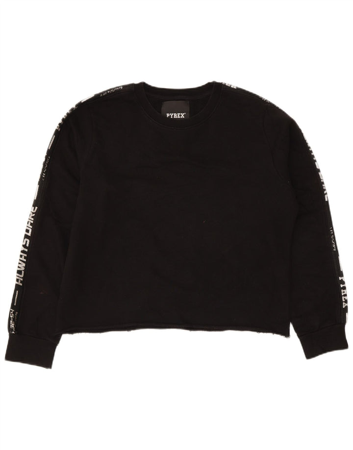 PYREX Mujer Crop Graphic Sudadera Jumper UK 40 Grande Algodón Negro