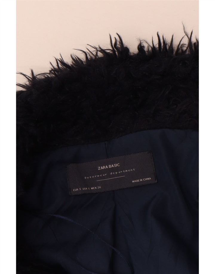 Zara Mujer Chaqueta Abierta De Piel Sintética UK 10 Small Poliéster Azul Marino
