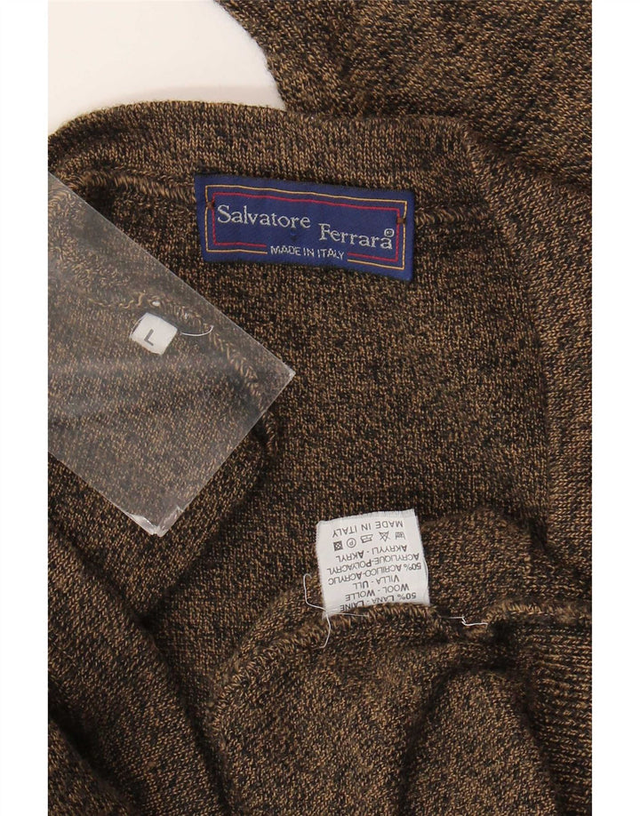 Vintage hombres Cardigan suéter grande marrón lana geométrica
