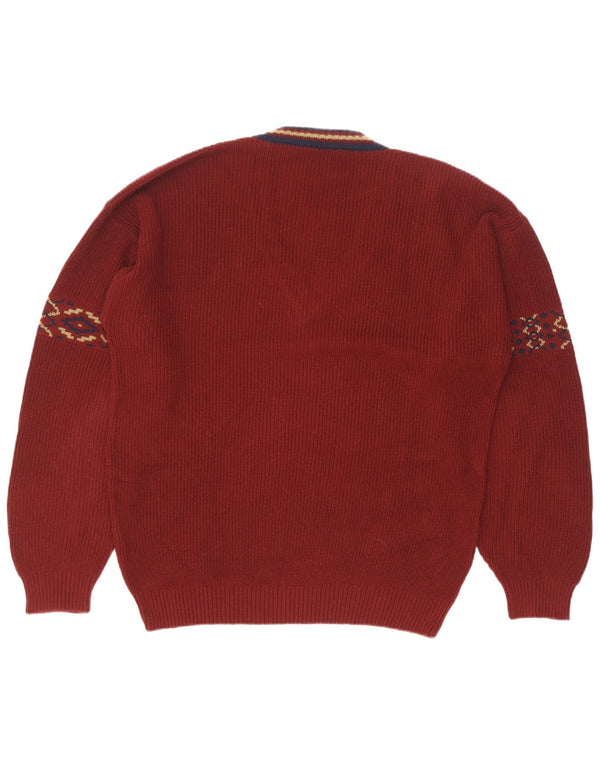 Vintage Mens V-Neck Jumper Sweater Size 50 Medium Maroon Geometric Cotton