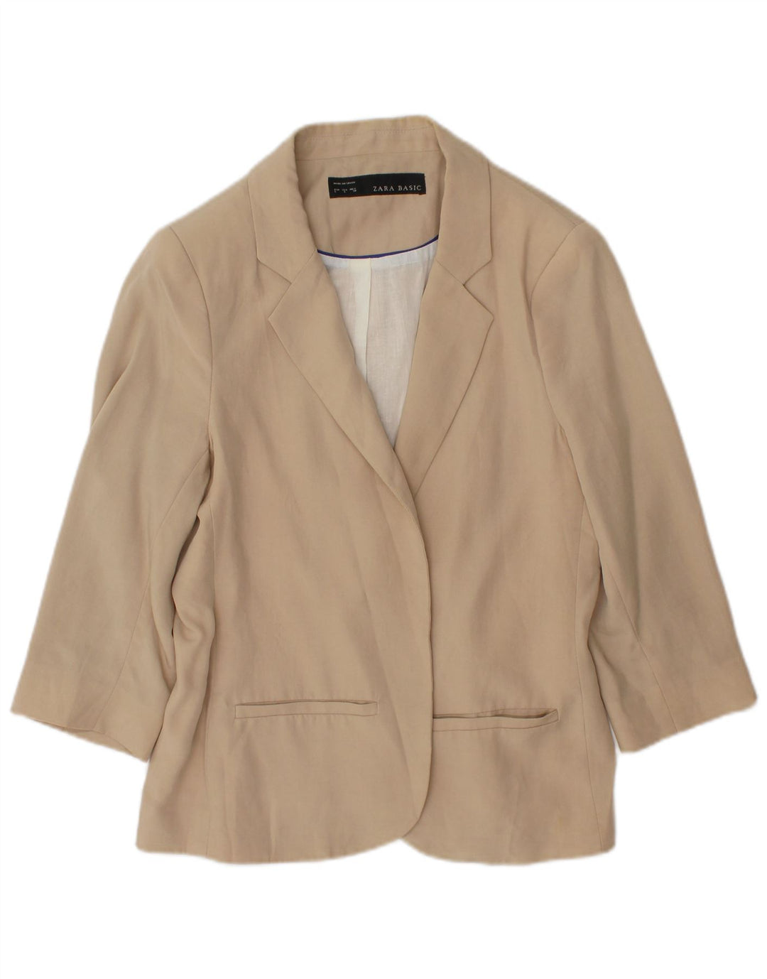 Zara Mujer Chaqueta Americana Abierta Manga 3/4 UK 40 Grande Algodón Beige