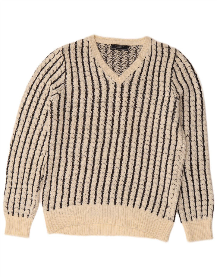 Zara Hombre Jersey Con Cuello En V Jersey Grande Blanco A Rayas Acrílico