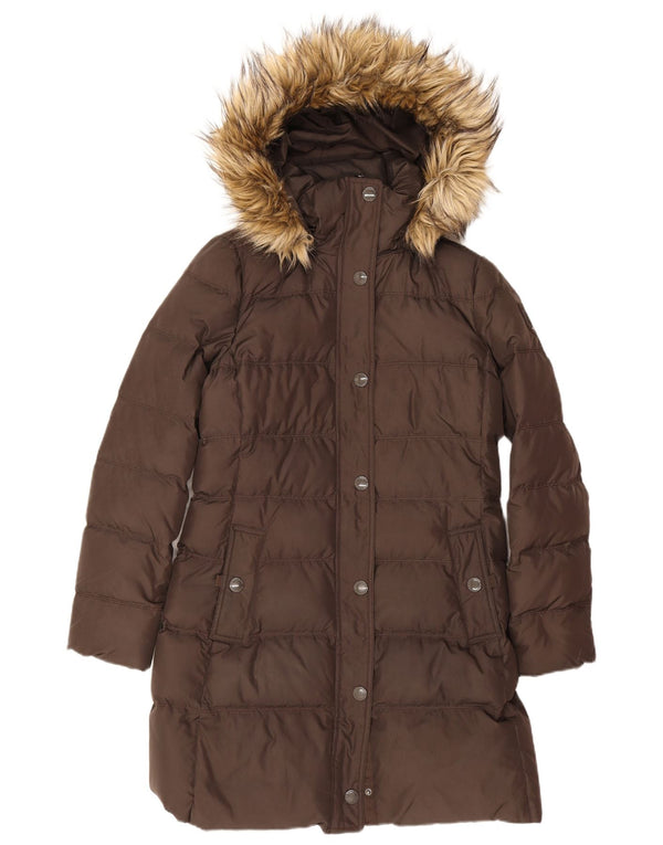 Tommy Hilfiger Abrigo acolchado con capucha para mujer UK 44 Poliéster marrón medio