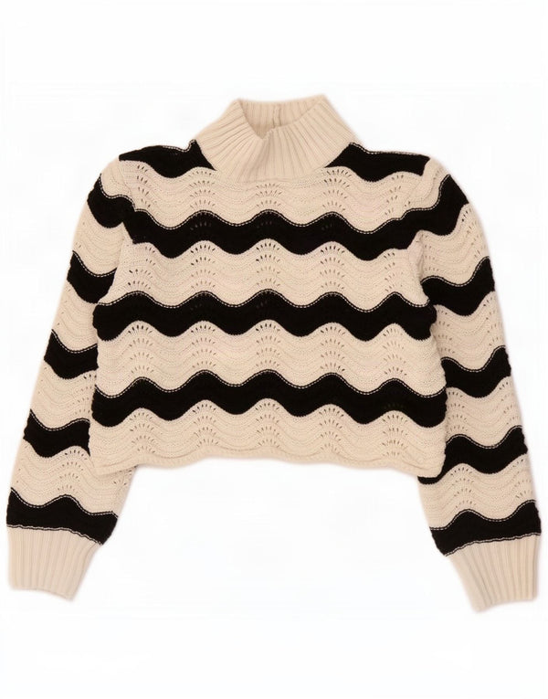 Zara Mujer Crop Turtle Neck Jumper Sweater UK 10 Small White Chevron