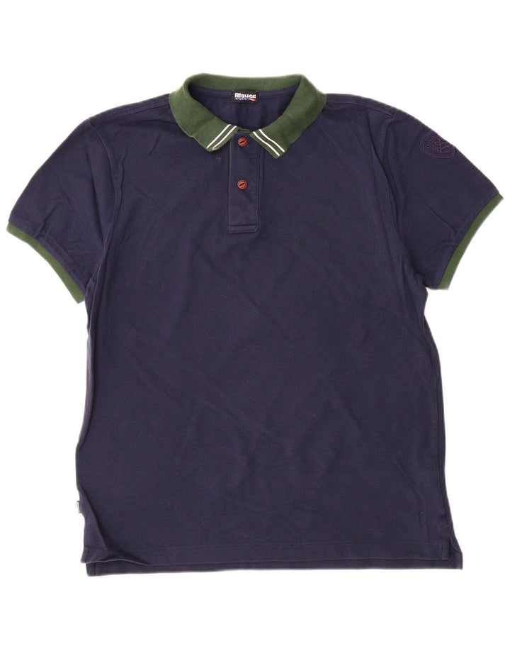 Blauer Polo para hombre de algodón color block en azul marino grande