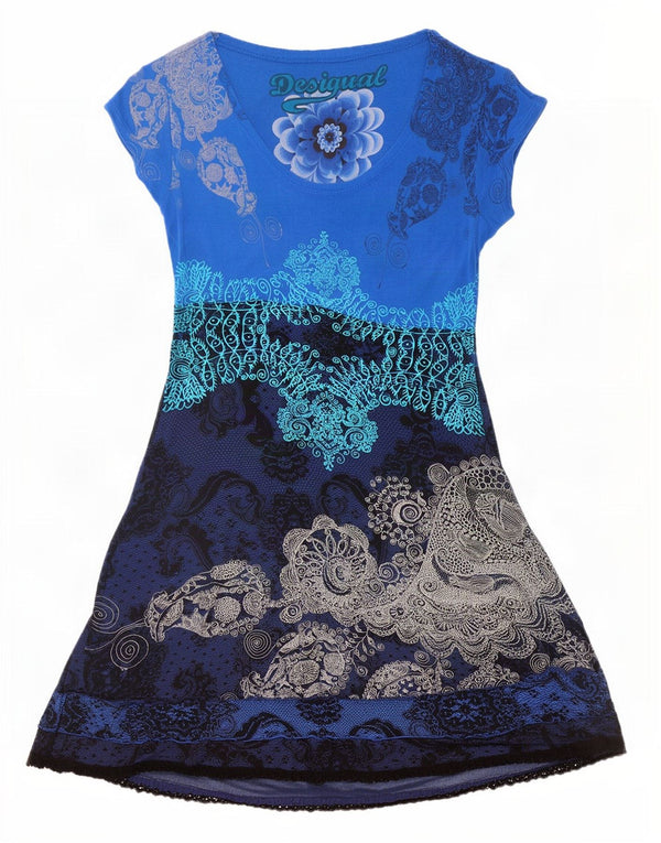 Desigual Mujer Vestido Gráfico A-Line UK 40 XL Viscosa Paisley Azul