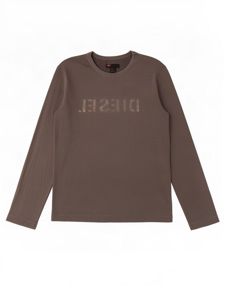 Diesel Mens Graphic Top Manga Larga Grande Gris Algodón