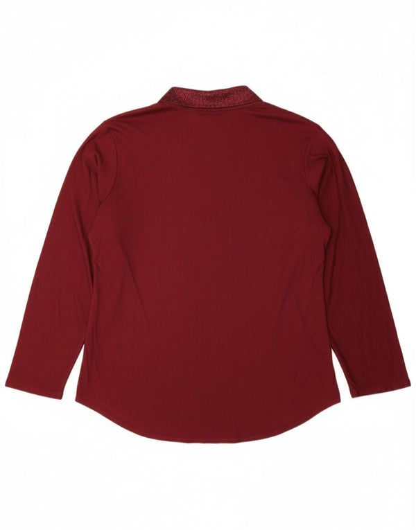 VINTAGE Mujer Top Manga Larga Reino Unido 14 Grande Borgoña Floral