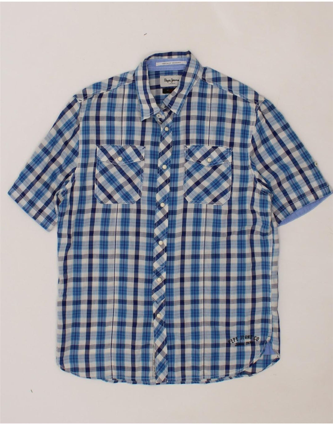 PEPE JEANS Mens Regular Fit Short Sleeve Shirt Medium Blue Check Cotton Vintage PEPE Jeans and Second-Hand PEPE Jeans from Messina Hembry 