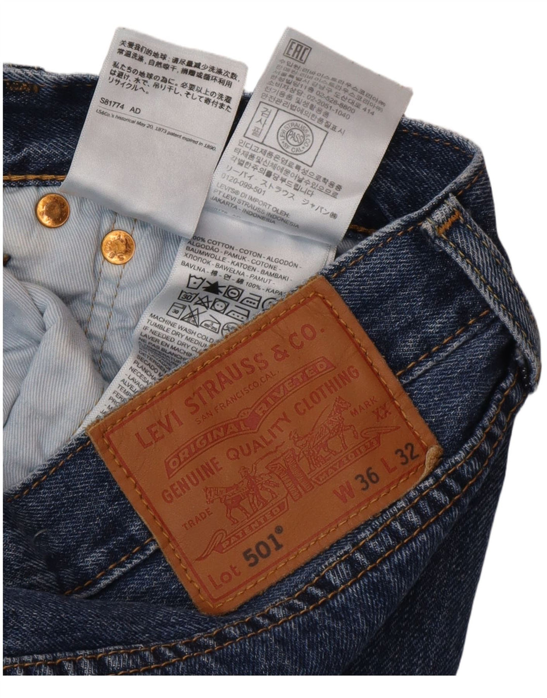 Levi's Hombre 501 Vaqueros Rectos W36 L32 Algodón Azul