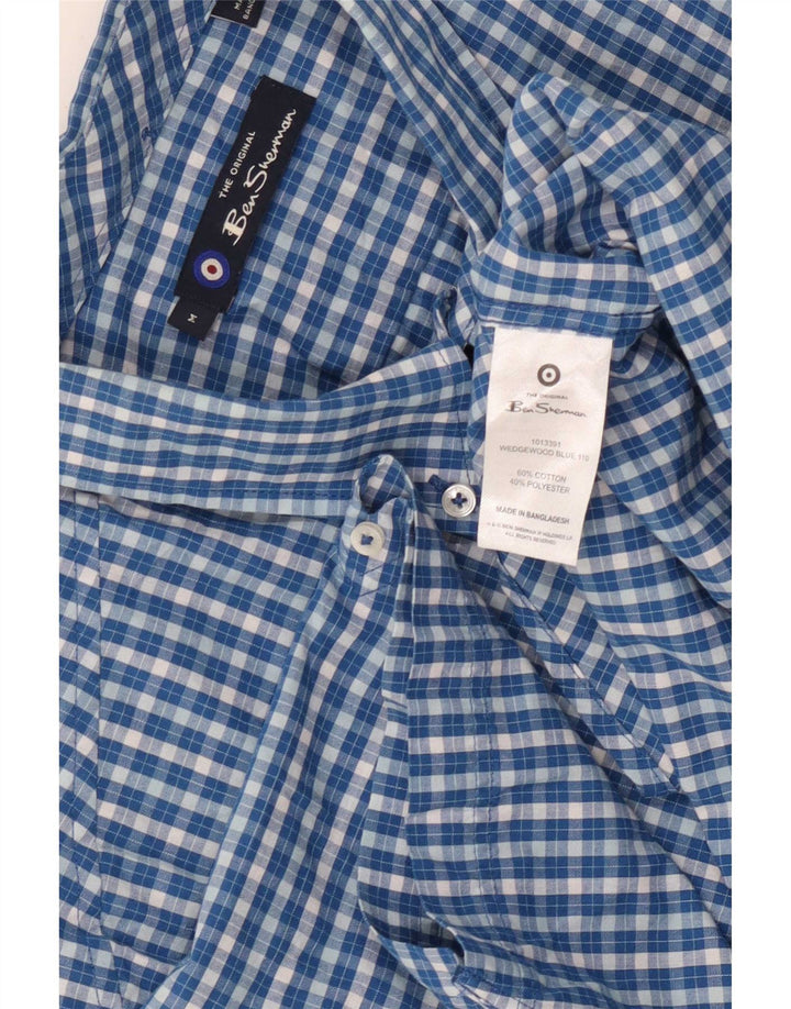 Ben Sherman Camisa de manga corta para hombre de algodón a cuadros azul medio