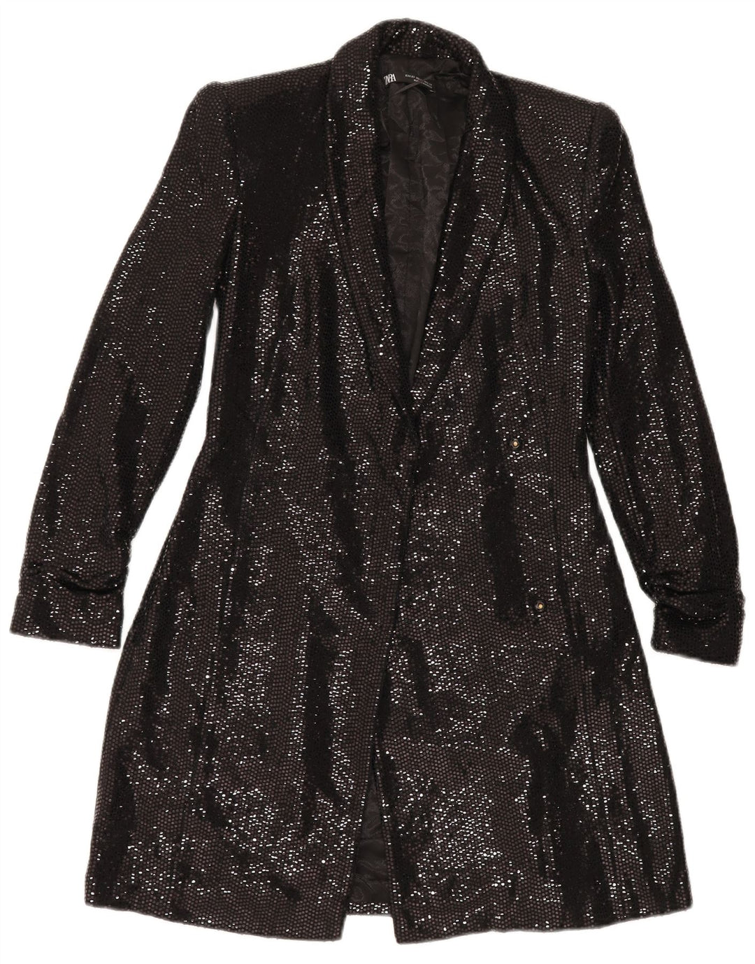ZARA Mujer Chaqueta Blazer Abierta Larga UK 6 XS Poliamida Negra