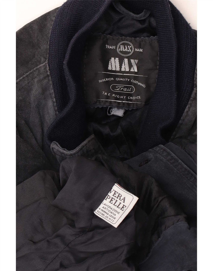 Max Mens Gamuza Bomber Jacket UK 38 Medio Azul Marino Cuero