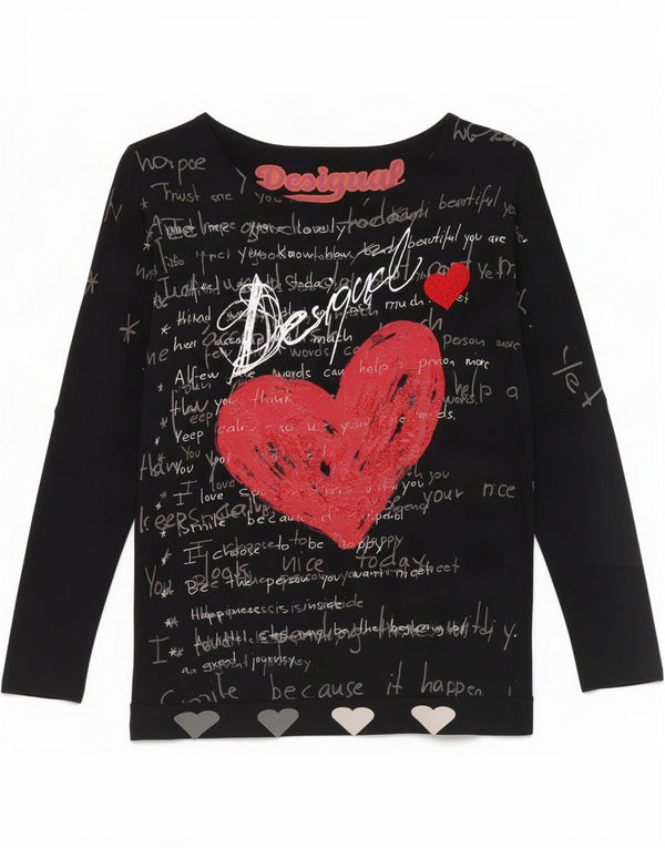 Desigual Mujer Top gráfico extragrande manga 3/4 UK 44 Viscosa negra mediana