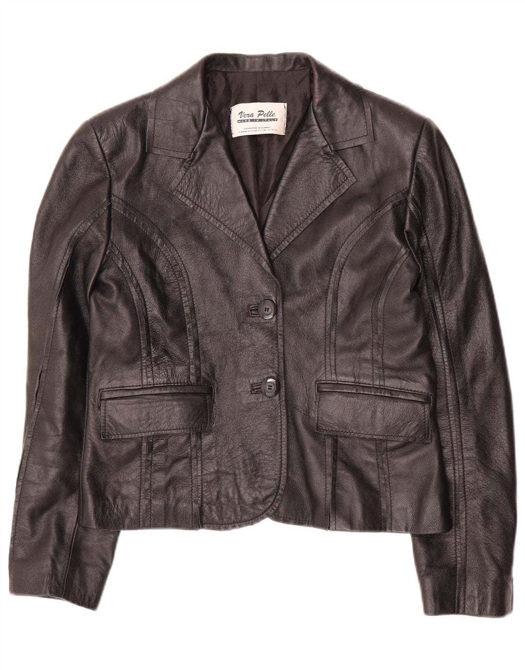 VINTAGE Mujer Crop 2 Botones Blazer Chaqueta IT 42 Cuero Negro Medio