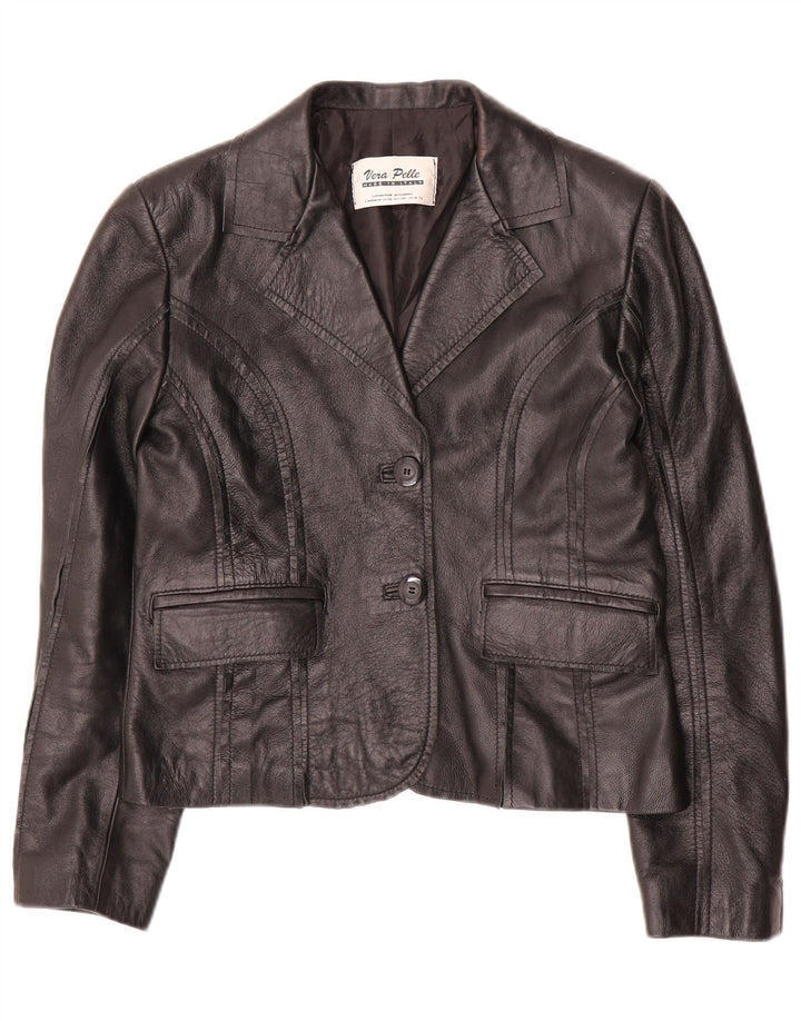VINTAGE Mujer Crop 2 Botones Blazer Chaqueta IT 42 Cuero Negro Medio