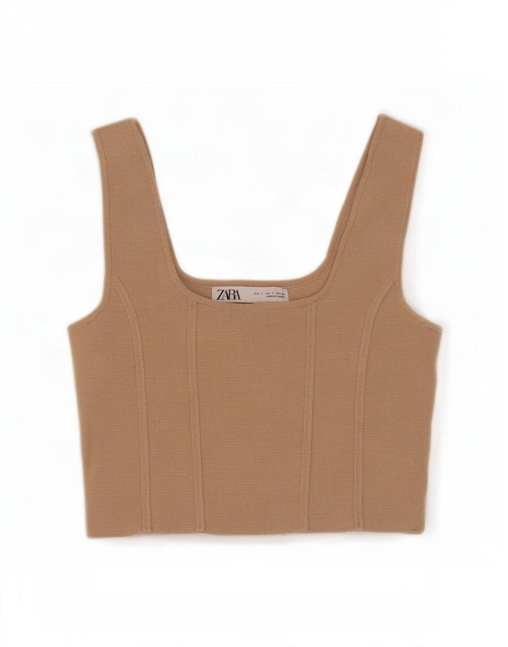 Zara Mujer Top Corto Sin Mangas UK 8 Small Beige Nylon