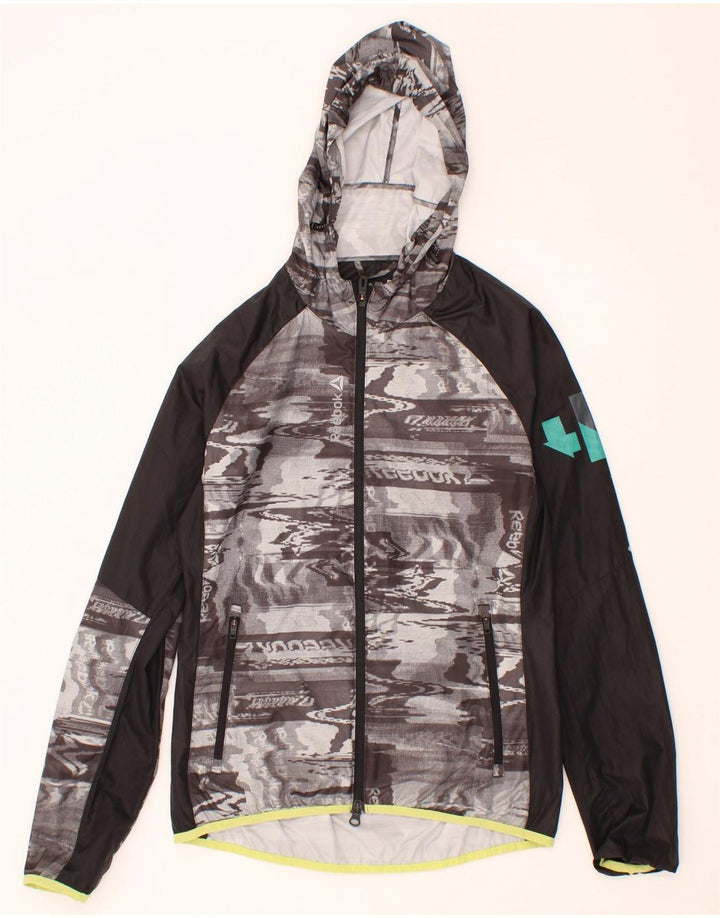 REEBOK Mens Graphic Hooded Rain Jacket UK 34 XS Grey Colourblock Polyester Vintage Reebok and Second-Hand Reebok from Messina Hembry 