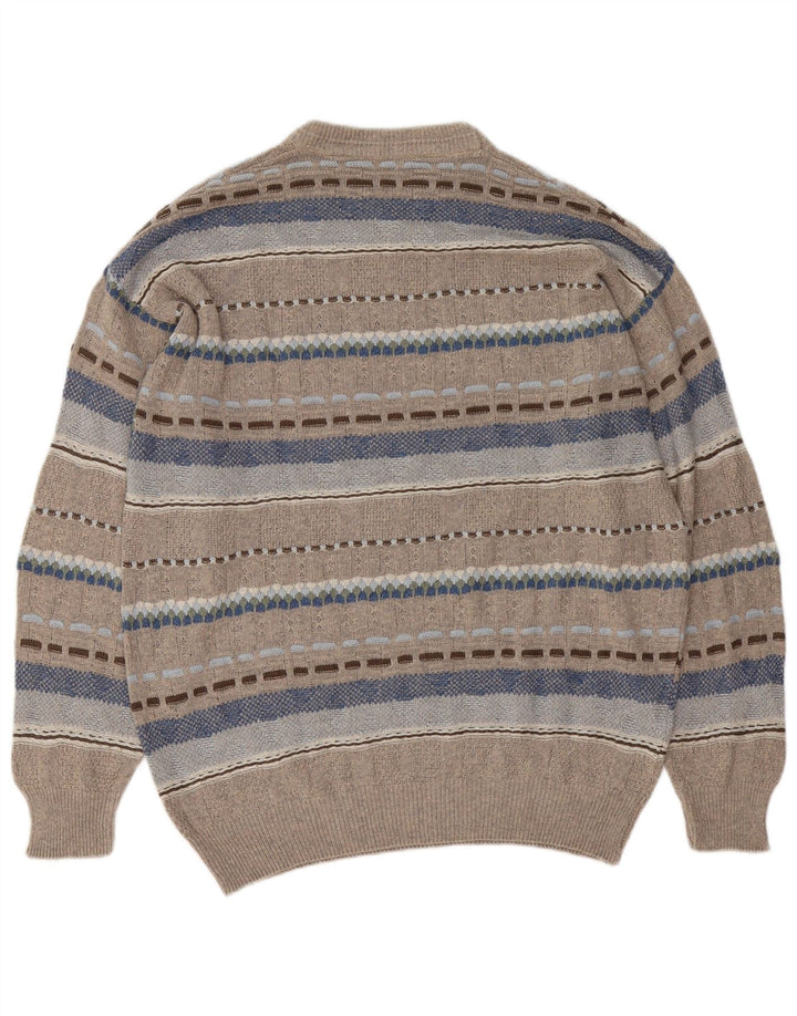Vintage hombres cuello redondo jersey suéter grande gris geométrico