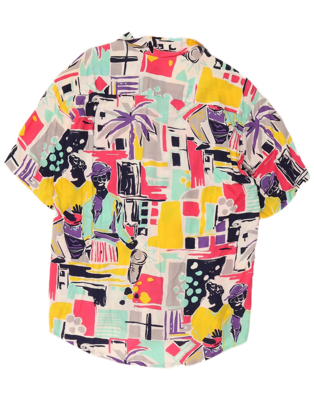 Vintage hombres gráfico manga corta camisa medio multicolor patchwork