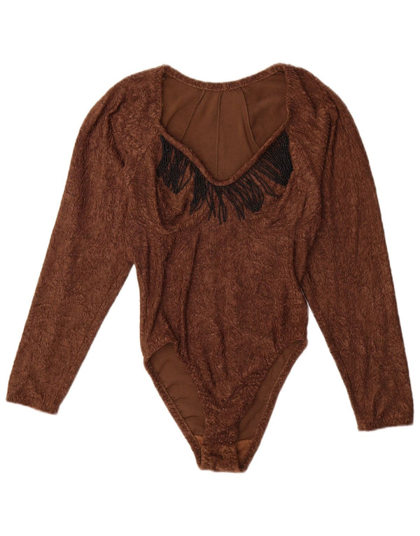 Vintage mujer manga larga body UK 12 medio marrón poliamida