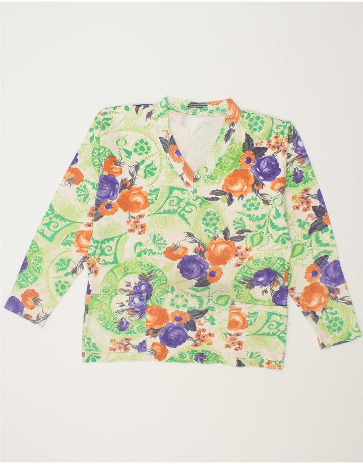VINTAGE Womens Top Long Sleeve UK 14 Medium Green Floral Vintage Vintage and Second-Hand Vintage from Messina Hembry 