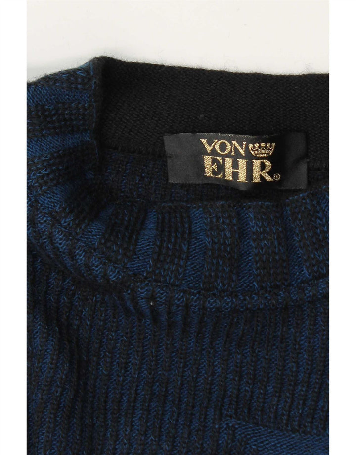 Vintage hombres cuello redondo jersey suéter grande azul marino geométrico