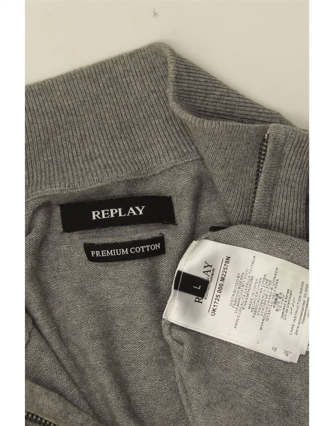 Replay Suéter tipo jersey con cuello y cremallera para hombre de algodón gris grande