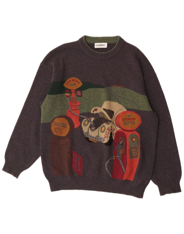 Iceberg Hombre Gráfico Cuello Redondo Jersey Suéter XL Gris Lana Retro