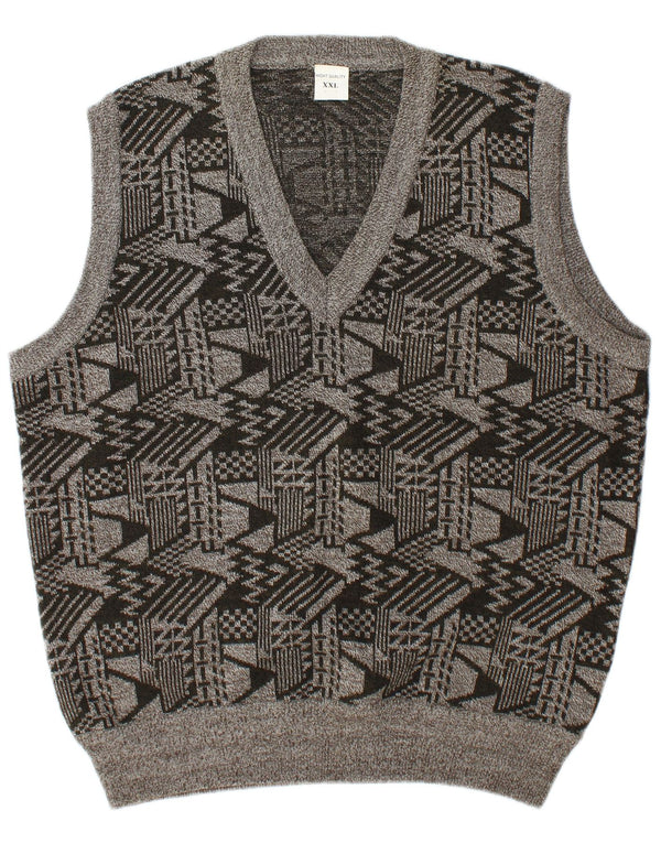 Vintage hombres chaleco tanque top 2XL gris lana geométrica