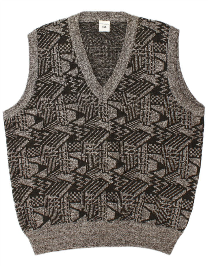 Vintage hombres chaleco tanque top 2XL gris lana geométrica