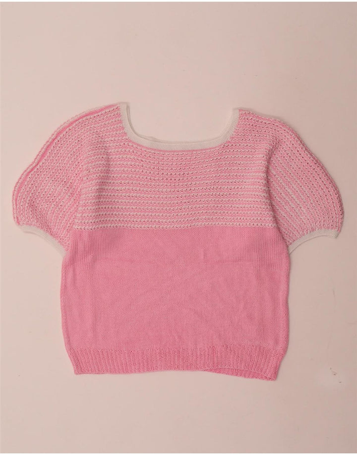 Vintage mujer barco cuello jersey suéter Reino Unido 12 medio rosa rayas