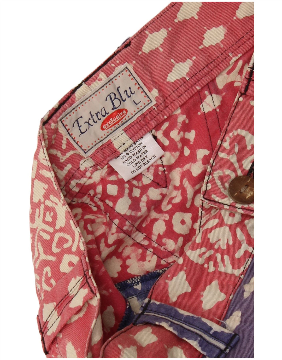 Vintage mujeres patrón abstracto denim lápiz falda grande W28 algodón azul