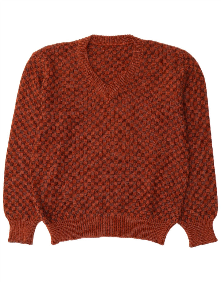 Vintage hombres V-cuello jumper suéter pequeño marrón geométrico