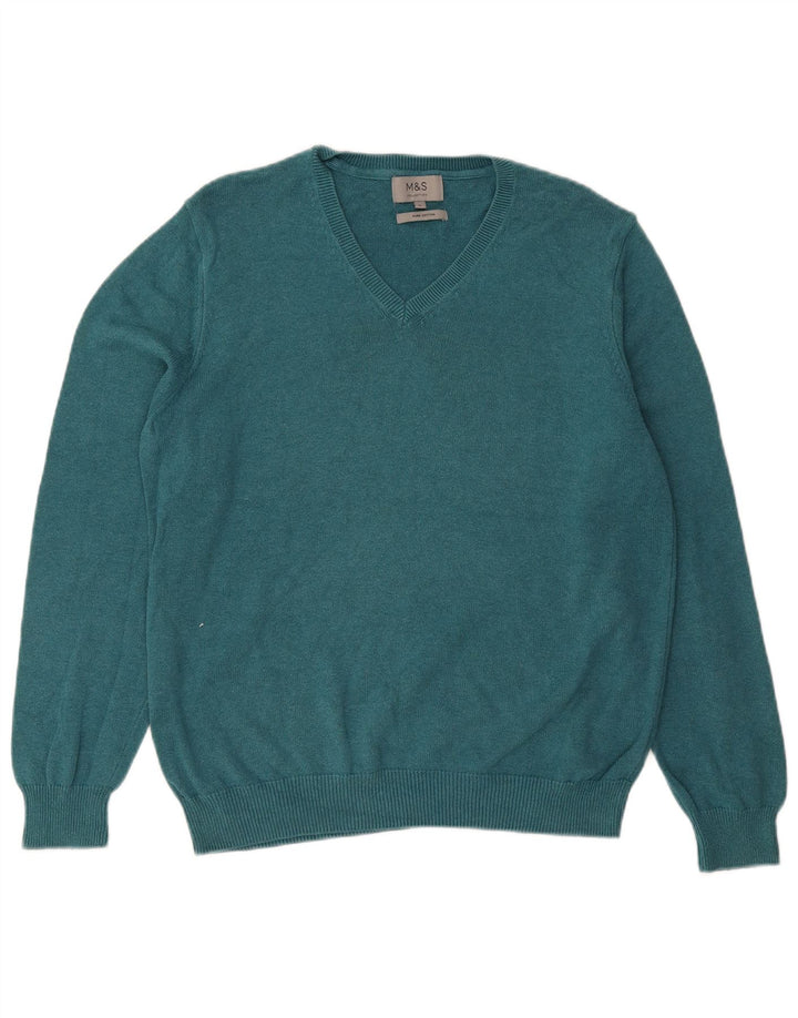MARKS & SPENCER Jersey con cuello en V para hombre, talla grande, algodón azul
