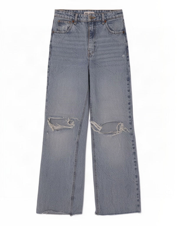 Zara Vaqueros desgastados de cintura alta y pierna ancha para mujer EU 36 XS W26 L30 Azul