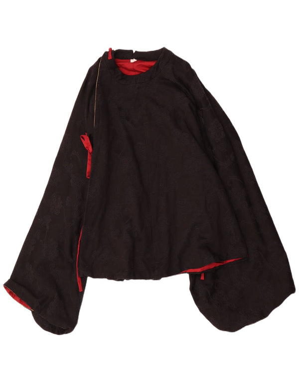 Vintage mujer manga larga Poncho blusa Top Reino Unido 12 medio negro floral