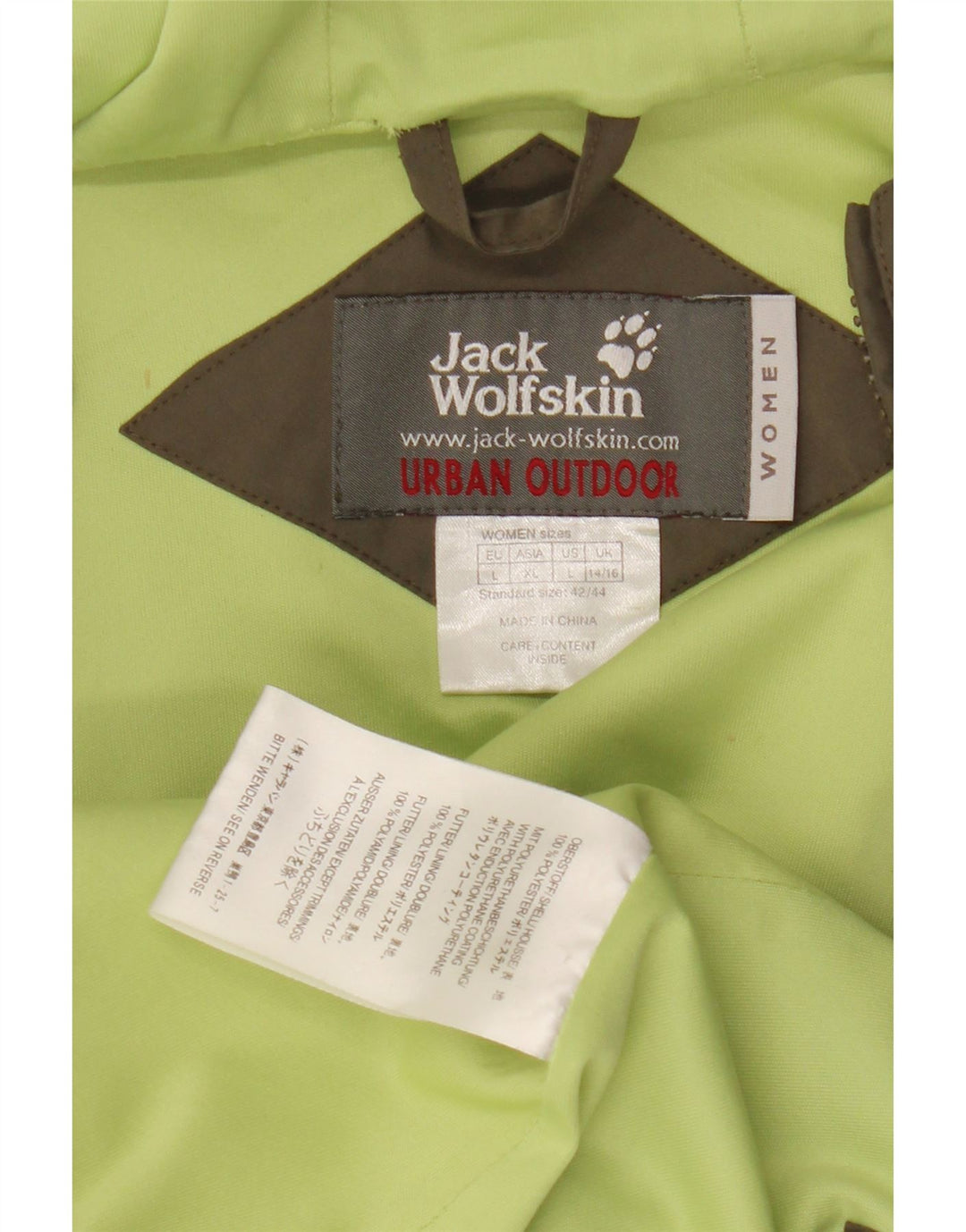 Jack Wolfskin Chaqueta impermeable con capucha para mujer UK 14/16 Large Caqui Poliéster