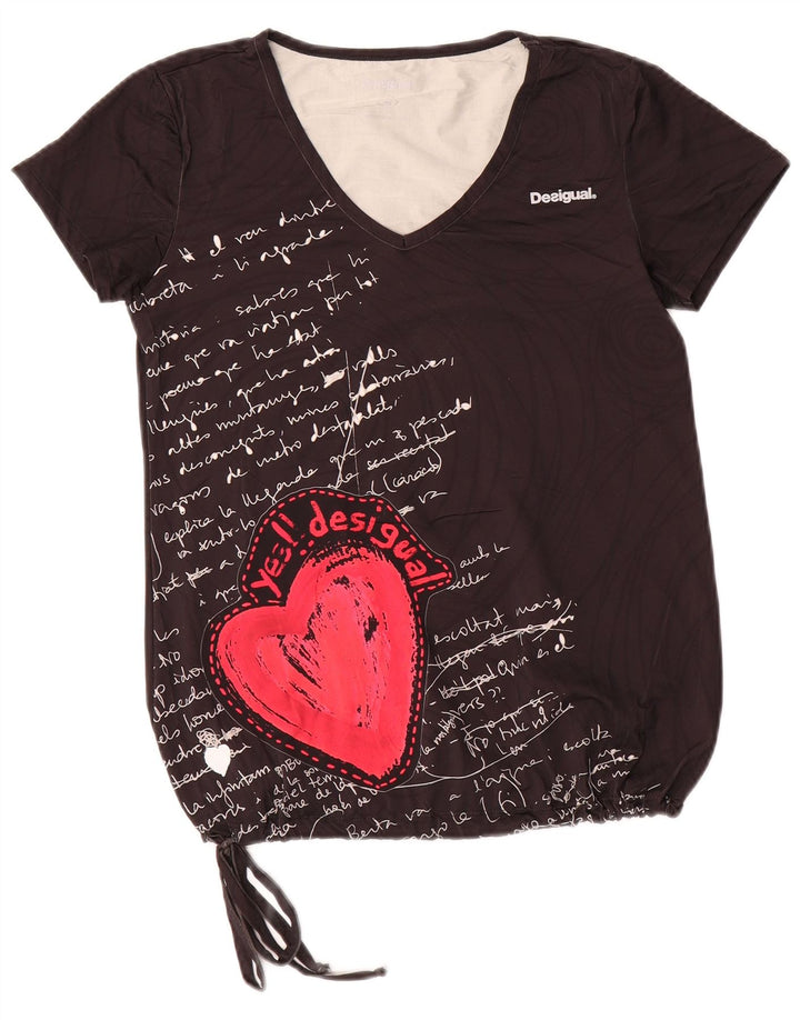 Desigual Mujer Camiseta Gráfica Top UK 10 Small Poliamida Negra