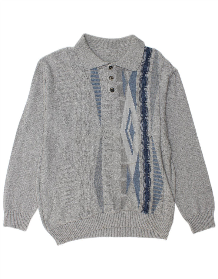 Vintage hombres polo cuello jersey suéter medio gris geométrico