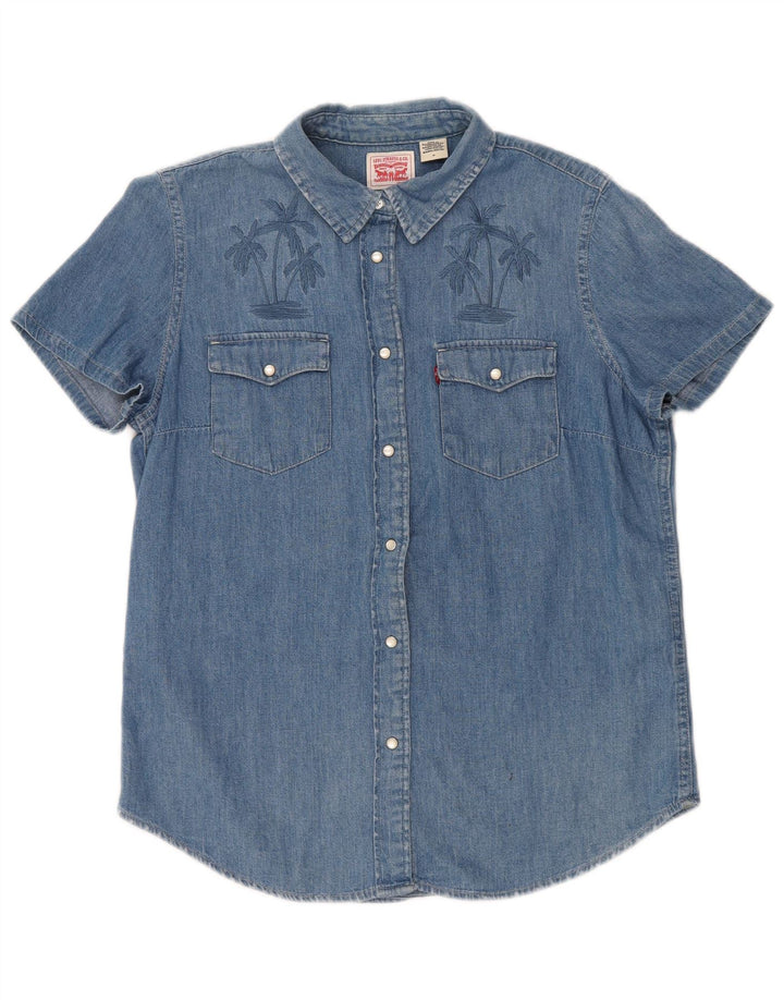 LEVI'S Camisa vaquera de manga corta gráfica para mujer UK 44 Algodón azul medio