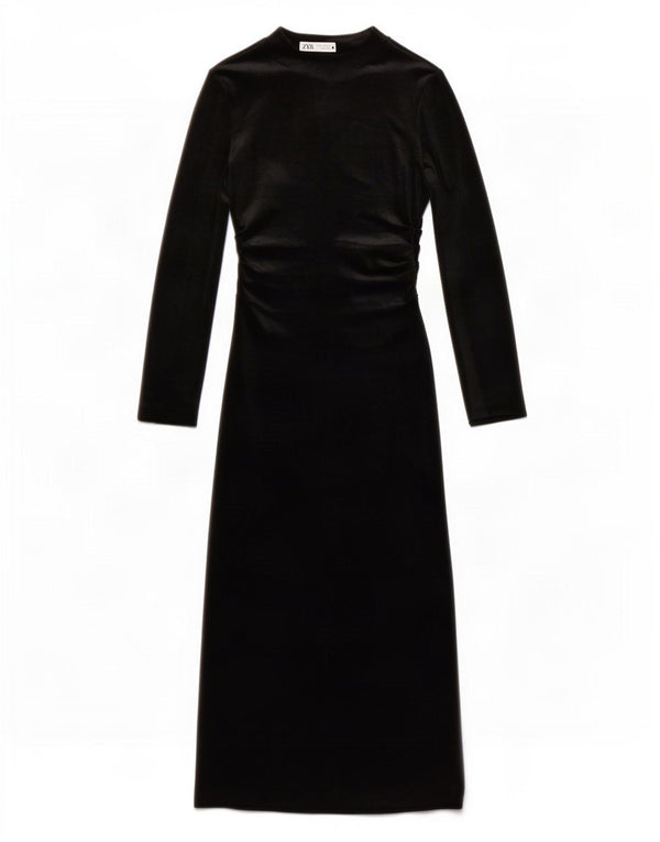 Zara Vestido largo de terciopelo de manga larga para mujer UK 4 XS Negro